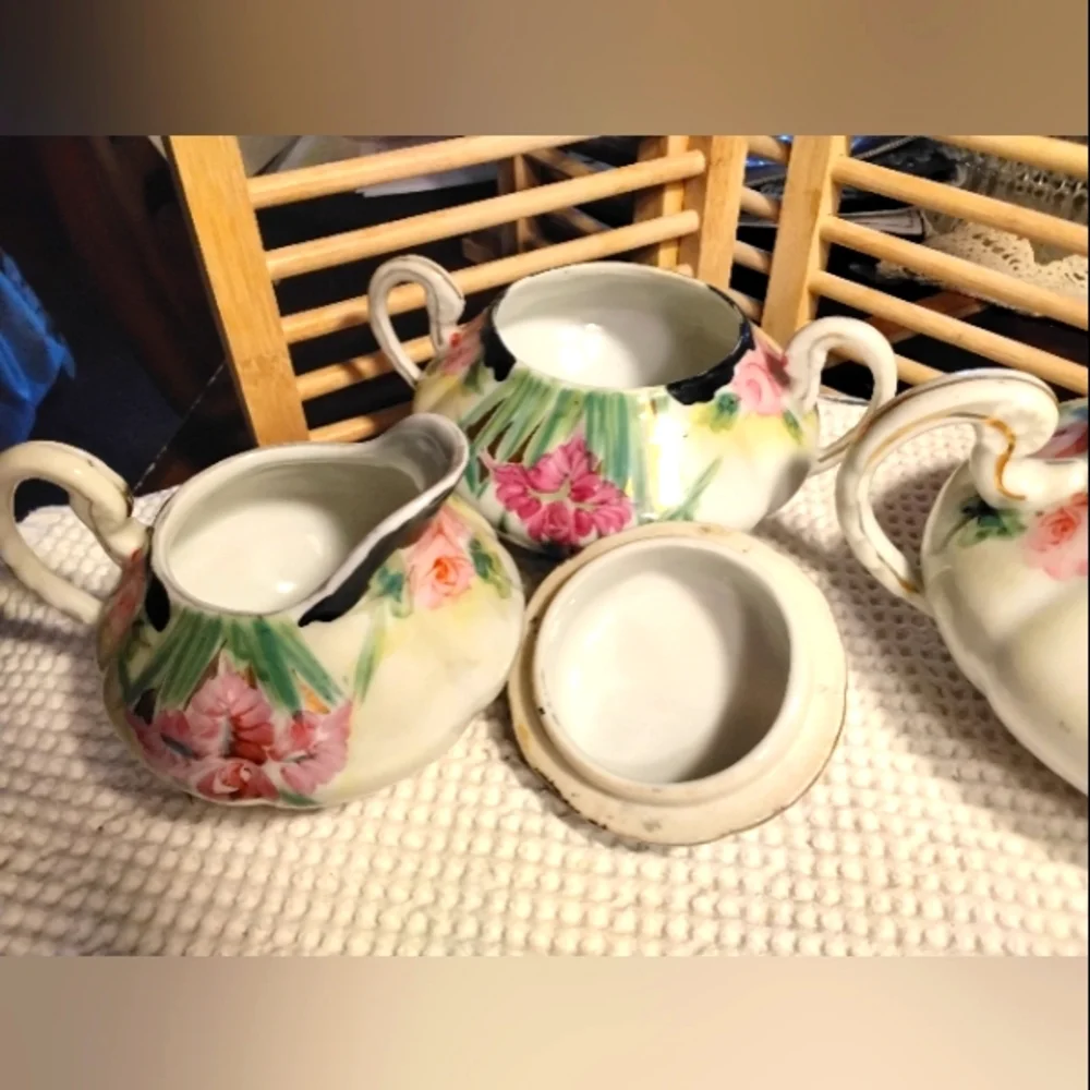 Antique Teapot/Cream & Sugar Dish Unmarked Early Twentieth Century Floral